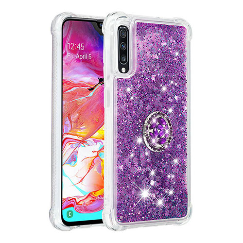 Silicone Candy Rubber TPU Bling-Bling Soft Case Cover with Finger Ring Stand S01 for Samsung Galaxy A70 Purple