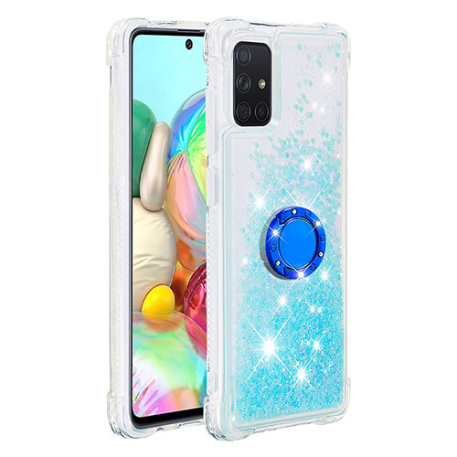 Silicone Candy Rubber TPU Bling-Bling Soft Case Cover with Finger Ring Stand S01 for Samsung Galaxy A71 4G A715 Sky Blue