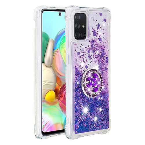 Silicone Candy Rubber TPU Bling-Bling Soft Case Cover with Finger Ring Stand S01 for Samsung Galaxy A71 5G Purple