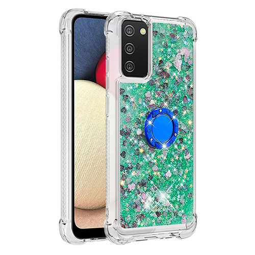 Silicone Candy Rubber TPU Bling-Bling Soft Case Cover with Finger Ring Stand S01 for Samsung Galaxy F02S SM-E025F Green