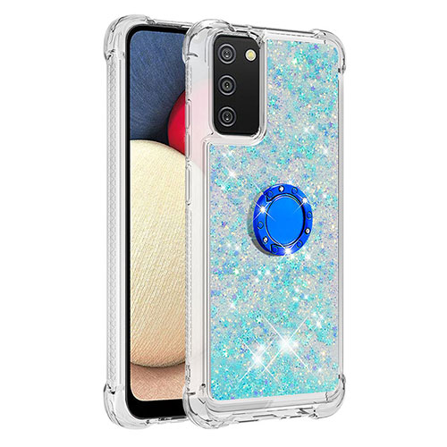 Silicone Candy Rubber TPU Bling-Bling Soft Case Cover with Finger Ring Stand S01 for Samsung Galaxy M02s Cyan