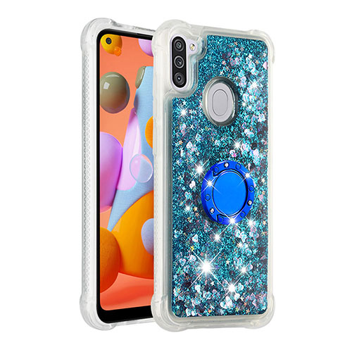 Silicone Candy Rubber TPU Bling-Bling Soft Case Cover with Finger Ring Stand S01 for Samsung Galaxy M11 Blue