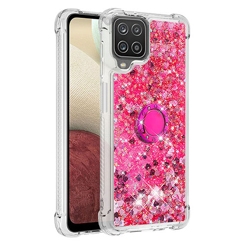 Silicone Candy Rubber TPU Bling-Bling Soft Case Cover with Finger Ring Stand S01 for Samsung Galaxy M12 Hot Pink