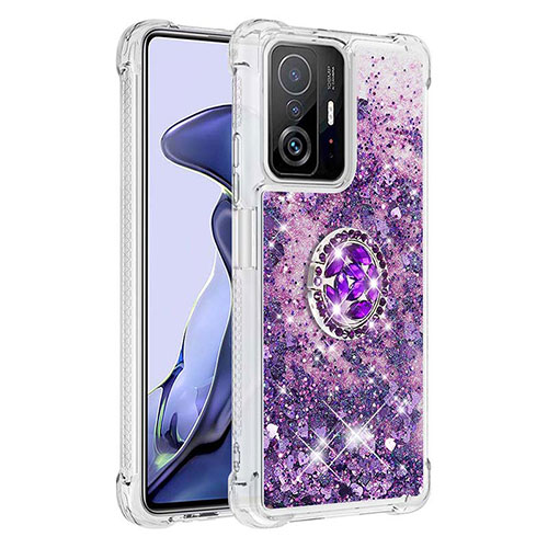 Silicone Candy Rubber TPU Bling-Bling Soft Case Cover with Finger Ring Stand S01 for Xiaomi Mi 11T Pro 5G Purple