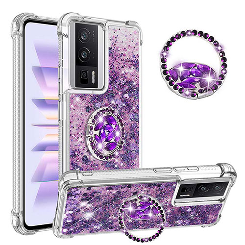 Silicone Candy Rubber TPU Bling-Bling Soft Case Cover with Finger Ring Stand S01 for Xiaomi Poco F5 Pro 5G Purple