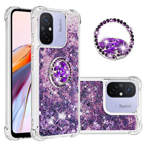 Silicone Candy Rubber TPU Bling-Bling Soft Case Cover with Finger Ring Stand S01 for Xiaomi Redmi 12C 4G Purple