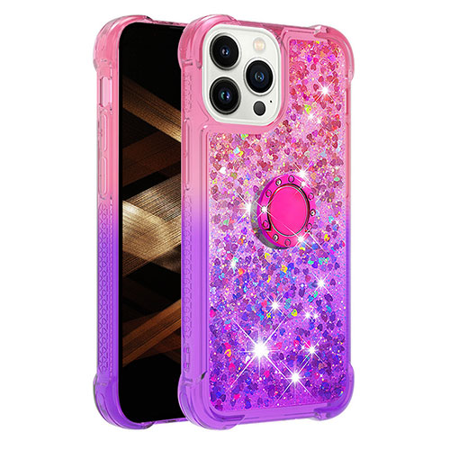 Silicone Candy Rubber TPU Bling-Bling Soft Case Cover with Finger Ring Stand S02 for Apple iPhone 15 Pro Max Hot Pink