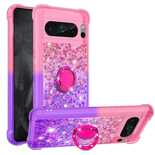 Silicone Candy Rubber TPU Bling-Bling Soft Case Cover with Finger Ring Stand S02 for Google Pixel 8 Pro 5G Hot Pink