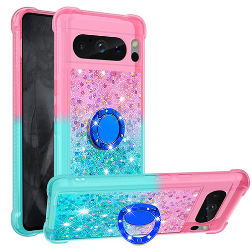 Silicone Candy Rubber TPU Bling-Bling Soft Case Cover with Finger Ring Stand S02 for Google Pixel 8 Pro 5G Pink