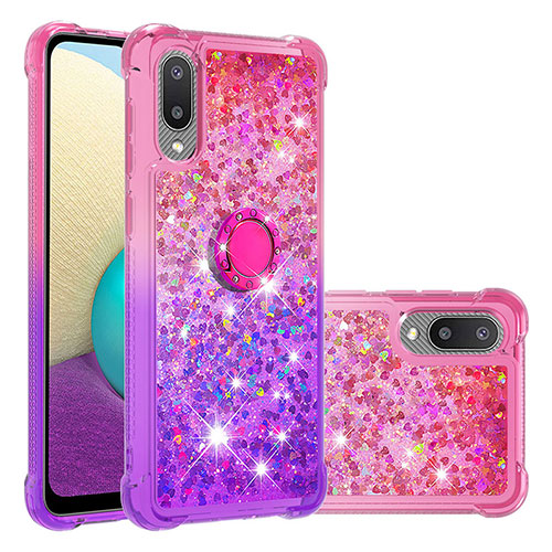 Silicone Candy Rubber TPU Bling-Bling Soft Case Cover with Finger Ring Stand S02 for Samsung Galaxy A02 Pink