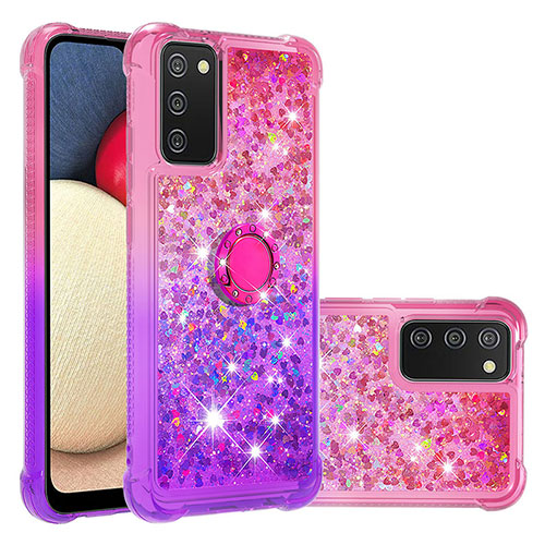 Silicone Candy Rubber TPU Bling-Bling Soft Case Cover with Finger Ring Stand S02 for Samsung Galaxy A03s Hot Pink