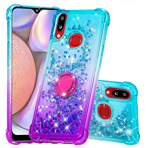 Silicone Candy Rubber TPU Bling-Bling Soft Case Cover with Finger Ring Stand S02 for Samsung Galaxy A10s Sky Blue