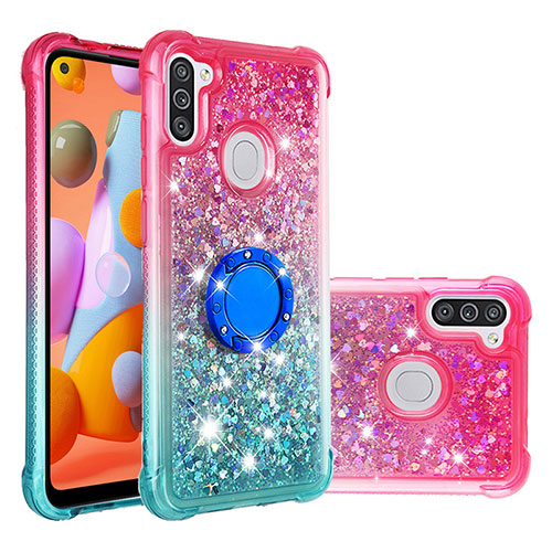 Silicone Candy Rubber TPU Bling-Bling Soft Case Cover with Finger Ring Stand S02 for Samsung Galaxy A11 Pink