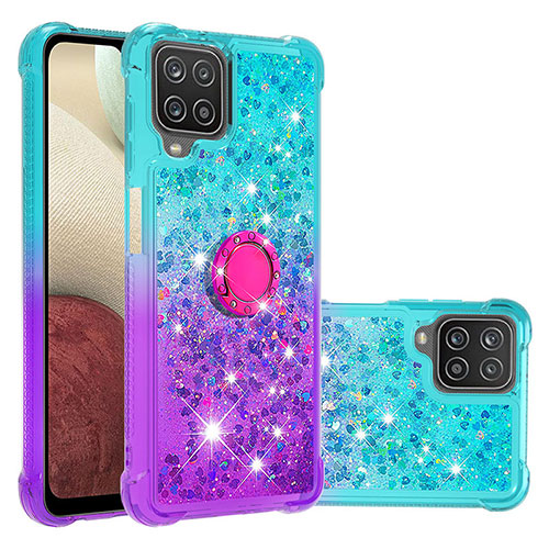 Silicone Candy Rubber TPU Bling-Bling Soft Case Cover with Finger Ring Stand S02 for Samsung Galaxy A12 5G Sky Blue
