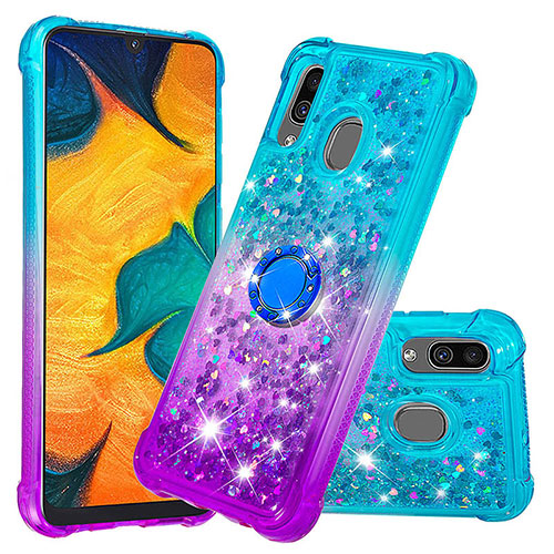 Silicone Candy Rubber TPU Bling-Bling Soft Case Cover with Finger Ring Stand S02 for Samsung Galaxy A20 Sky Blue