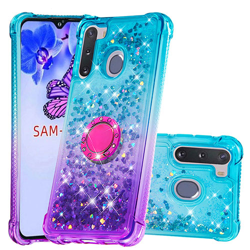 Silicone Candy Rubber TPU Bling-Bling Soft Case Cover with Finger Ring Stand S02 for Samsung Galaxy A21 European Sky Blue