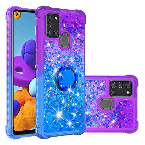Silicone Candy Rubber TPU Bling-Bling Soft Case Cover with Finger Ring Stand S02 for Samsung Galaxy A21s Purple