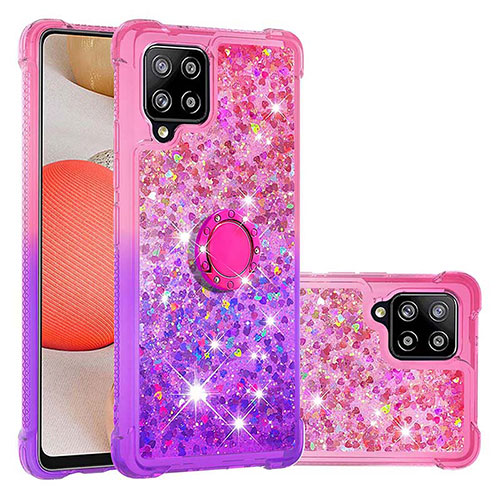 Silicone Candy Rubber TPU Bling-Bling Soft Case Cover with Finger Ring Stand S02 for Samsung Galaxy A42 5G Hot Pink