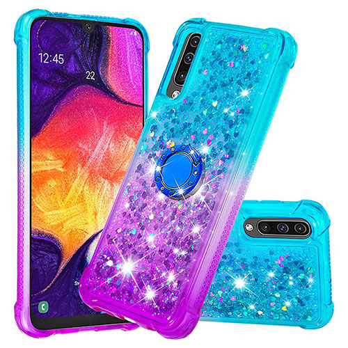 Silicone Candy Rubber TPU Bling-Bling Soft Case Cover with Finger Ring Stand S02 for Samsung Galaxy A50 Sky Blue