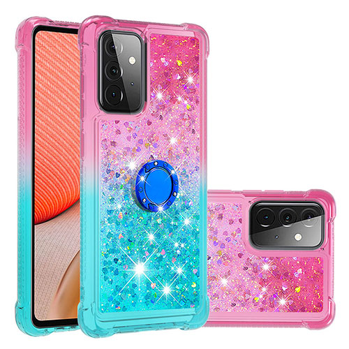 Silicone Candy Rubber TPU Bling-Bling Soft Case Cover with Finger Ring Stand S02 for Samsung Galaxy A72 4G Pink