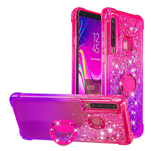 Silicone Candy Rubber TPU Bling-Bling Soft Case Cover with Finger Ring Stand S02 for Samsung Galaxy A9 Star Pro Hot Pink