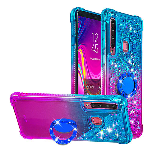 Silicone Candy Rubber TPU Bling-Bling Soft Case Cover with Finger Ring Stand S02 for Samsung Galaxy A9 Star Pro Sky Blue