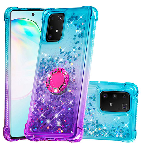 Silicone Candy Rubber TPU Bling-Bling Soft Case Cover with Finger Ring Stand S02 for Samsung Galaxy A91 Sky Blue