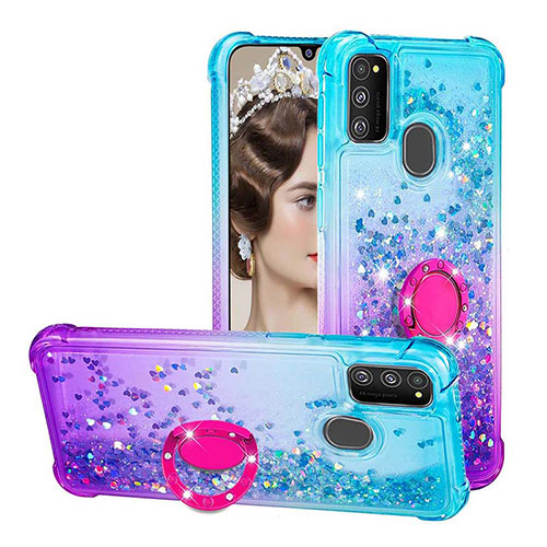 Silicone Candy Rubber TPU Bling-Bling Soft Case Cover with Finger Ring Stand S02 for Samsung Galaxy M30s Sky Blue