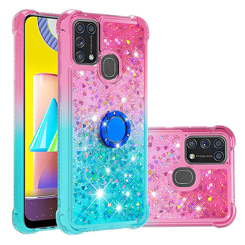 Silicone Candy Rubber TPU Bling-Bling Soft Case Cover with Finger Ring Stand S02 for Samsung Galaxy M31 Pink