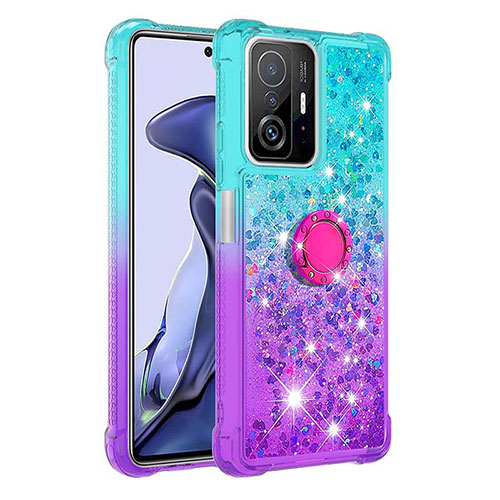 Silicone Candy Rubber TPU Bling-Bling Soft Case Cover with Finger Ring Stand S02 for Xiaomi Mi 11T 5G Sky Blue