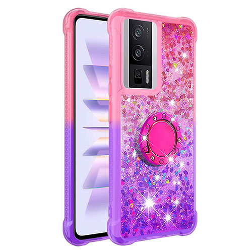 Silicone Candy Rubber TPU Bling-Bling Soft Case Cover with Finger Ring Stand S02 for Xiaomi Poco F5 Pro 5G Hot Pink