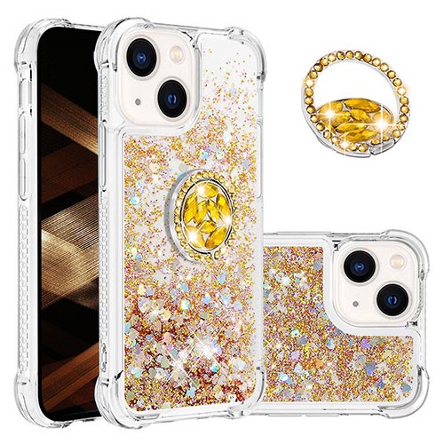 Silicone Candy Rubber TPU Bling-Bling Soft Case Cover with Finger Ring Stand S03 for Apple iPhone 13 Gold