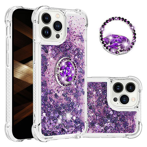 Silicone Candy Rubber TPU Bling-Bling Soft Case Cover with Finger Ring Stand S03 for Apple iPhone 14 Pro Max Purple