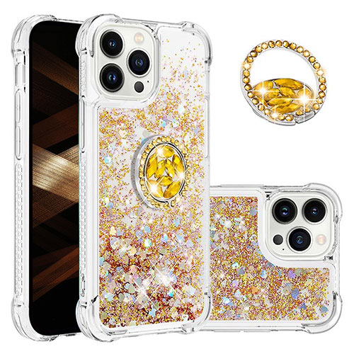 Silicone Candy Rubber TPU Bling-Bling Soft Case Cover with Finger Ring Stand S03 for Apple iPhone 15 Pro Gold