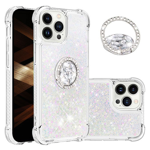 Silicone Candy Rubber TPU Bling-Bling Soft Case Cover with Finger Ring Stand S03 for Apple iPhone 15 Pro Silver