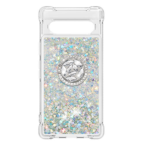 Silicone Candy Rubber TPU Bling-Bling Soft Case Cover with Finger Ring Stand S03 for Google Pixel 7a 5G Silver