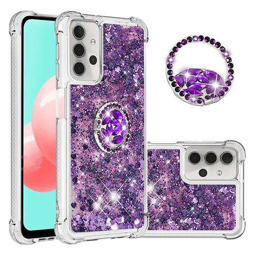 Silicone Candy Rubber TPU Bling-Bling Soft Case Cover with Finger Ring Stand S03 for Samsung Galaxy A32 4G Purple