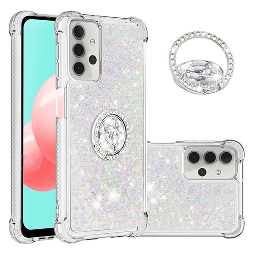 Silicone Candy Rubber TPU Bling-Bling Soft Case Cover with Finger Ring Stand S03 for Samsung Galaxy A32 4G Silver