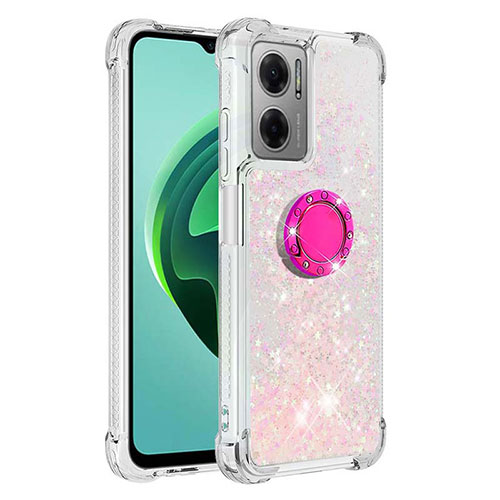 Silicone Candy Rubber TPU Bling-Bling Soft Case Cover with Finger Ring Stand S03 for Xiaomi Redmi Note 11E 5G Pink
