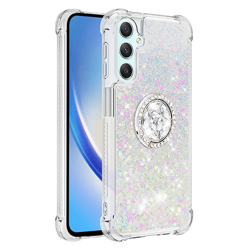 Silicone Candy Rubber TPU Bling-Bling Soft Case Cover with Finger Ring Stand YB1 for Samsung Galaxy A24 4G Silver