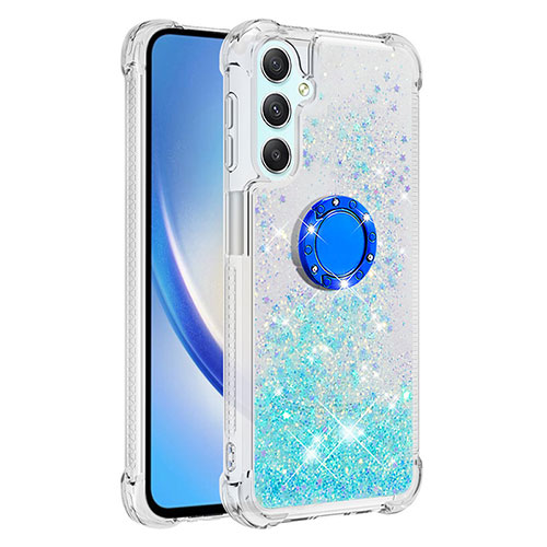 Silicone Candy Rubber TPU Bling-Bling Soft Case Cover with Finger Ring Stand YB1 for Samsung Galaxy A24 4G Sky Blue