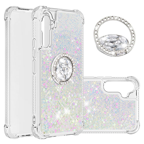 Silicone Candy Rubber TPU Bling-Bling Soft Case Cover with Finger Ring Stand YB1 for Samsung Galaxy A34 5G Silver