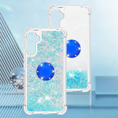 Silicone Candy Rubber TPU Bling-Bling Soft Case Cover with Finger Ring Stand YB1 for Samsung Galaxy A34 5G Sky Blue