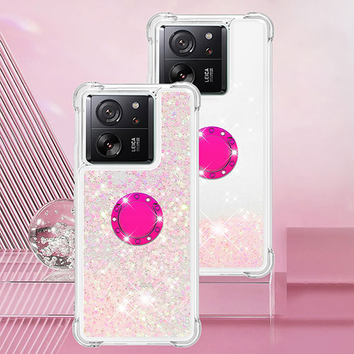 Silicone Candy Rubber TPU Bling-Bling Soft Case Cover with Finger Ring Stand YB1 for Xiaomi Mi 13T 5G Pink