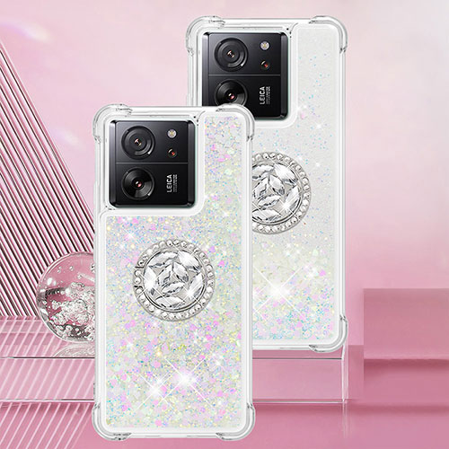 Silicone Candy Rubber TPU Bling-Bling Soft Case Cover with Finger Ring Stand YB1 for Xiaomi Mi 13T 5G Silver