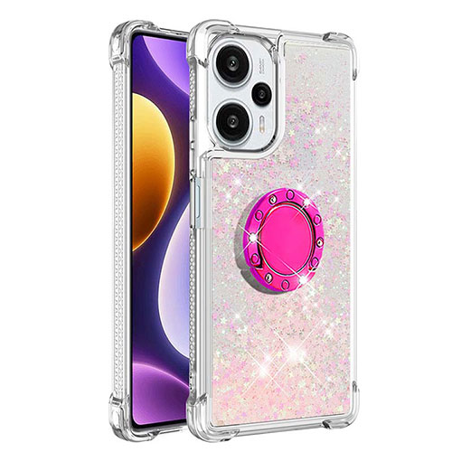 Silicone Candy Rubber TPU Bling-Bling Soft Case Cover with Finger Ring Stand YB1 for Xiaomi Poco F5 5G Pink