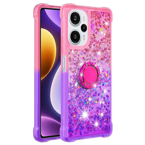 Silicone Candy Rubber TPU Bling-Bling Soft Case Cover with Finger Ring Stand YB2 for Xiaomi Redmi Note 12 Turbo 5G Hot Pink