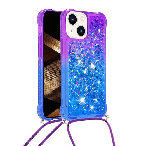 Silicone Candy Rubber TPU Bling-Bling Soft Case Cover with Lanyard Strap S01 for Apple iPhone 15 Plus Purple