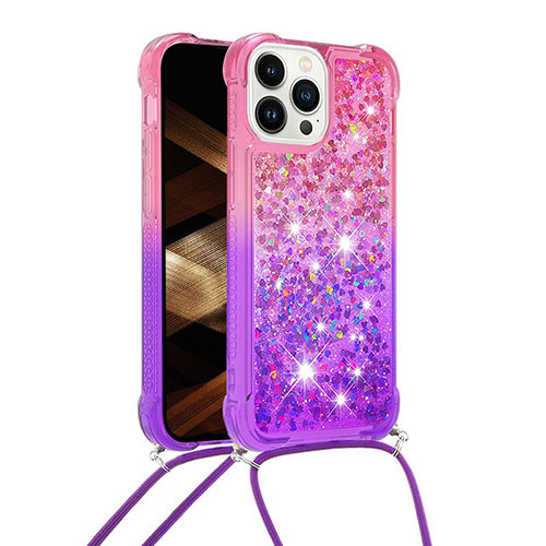 Silicone Candy Rubber TPU Bling-Bling Soft Case Cover with Lanyard Strap S01 for Apple iPhone 16 Pro Hot Pink