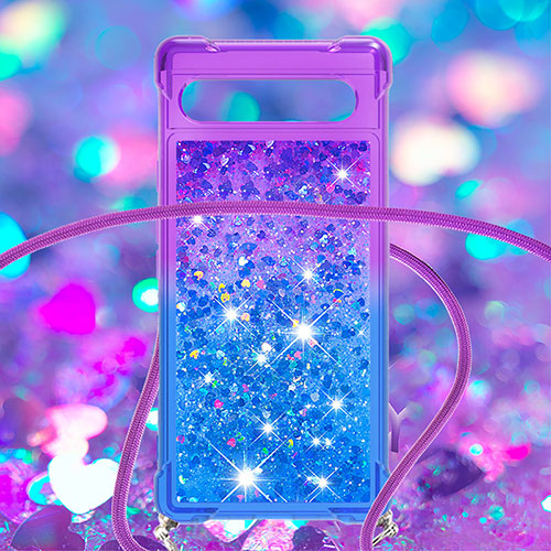 Silicone Candy Rubber TPU Bling-Bling Soft Case Cover with Lanyard Strap S01 for Google Pixel 7a 5G Purple